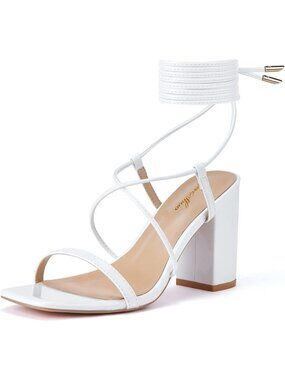 Women's Square Toe Sandals White Lace up Chunky High Heels Strappy Block Heel